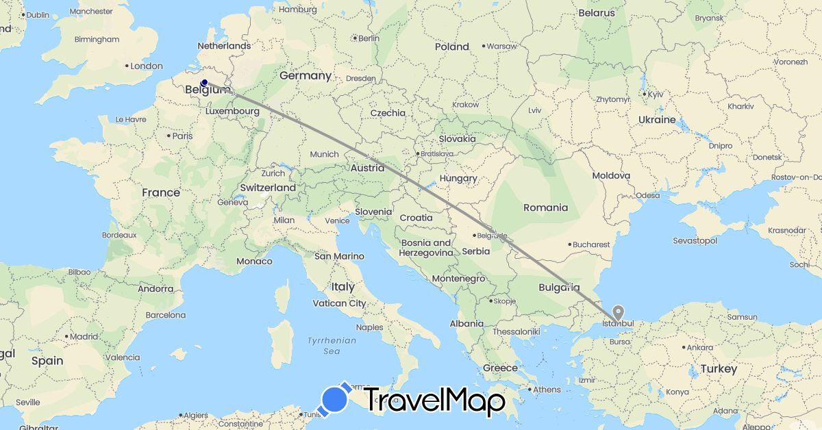 TravelMap itinerary: driving, plane in Belgium, Turkey (Asia, Europe)